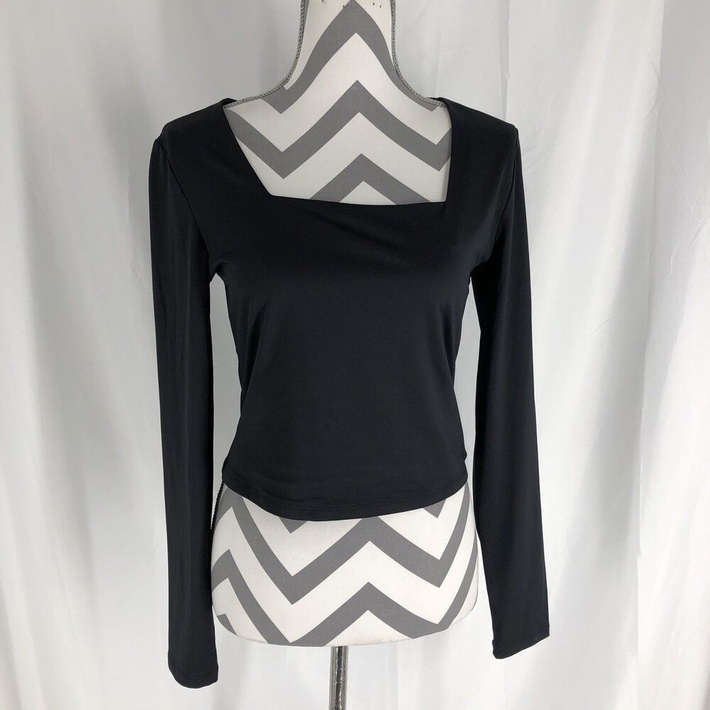 Madden NYC Black Square Neck Crop Shirt Top Long Sleeve Stretch Large Juniors